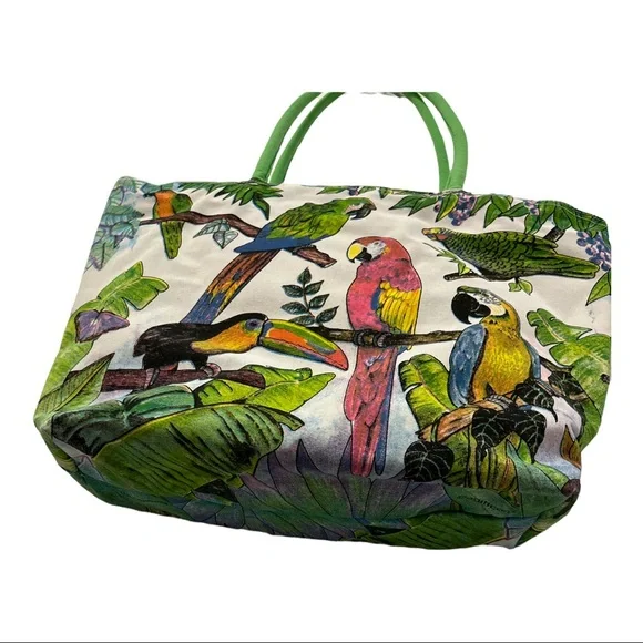 Vintage All Around Parrot Design Green & White Cloth Beach Bag Satchel Purse - Picture 4 of 5